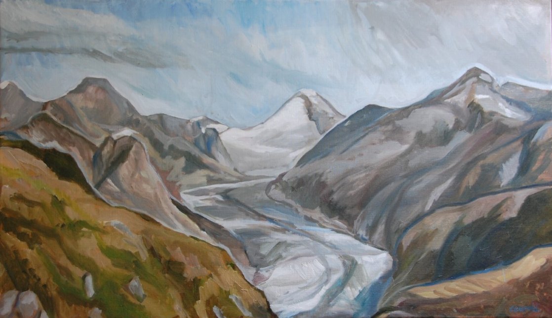Aletschgletsjer, schilderij in olieverf op doek van Margreeth Leopold (70 x 120 cm, 2005)