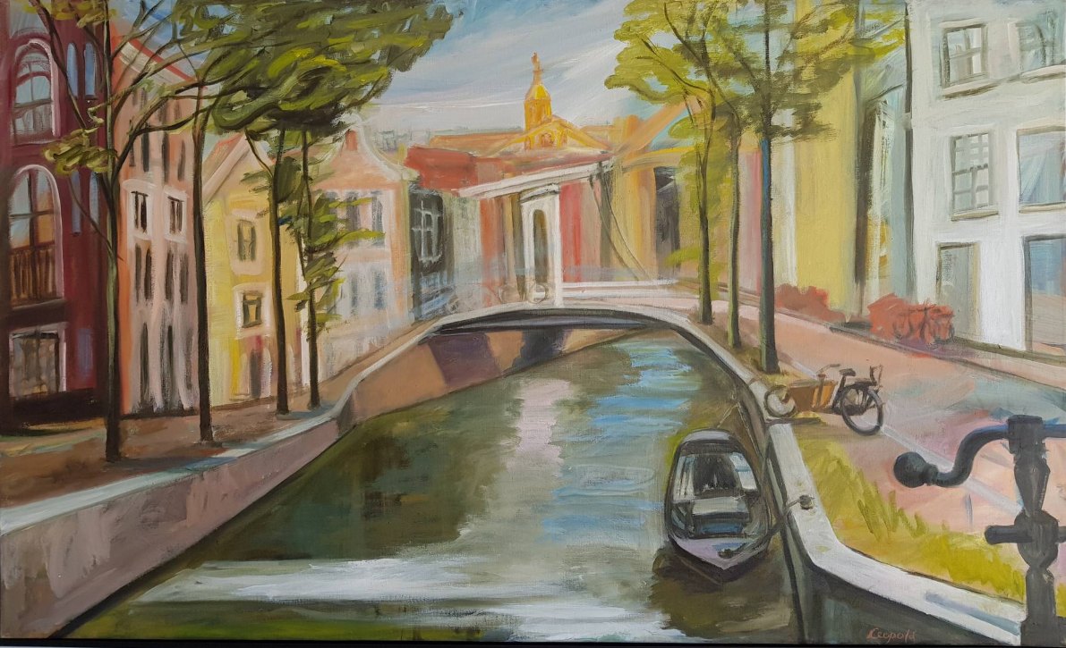 Amsterdam, schilderij in olieverf op doek van Margreeth Leopold (100 x 120 cm, 2018)