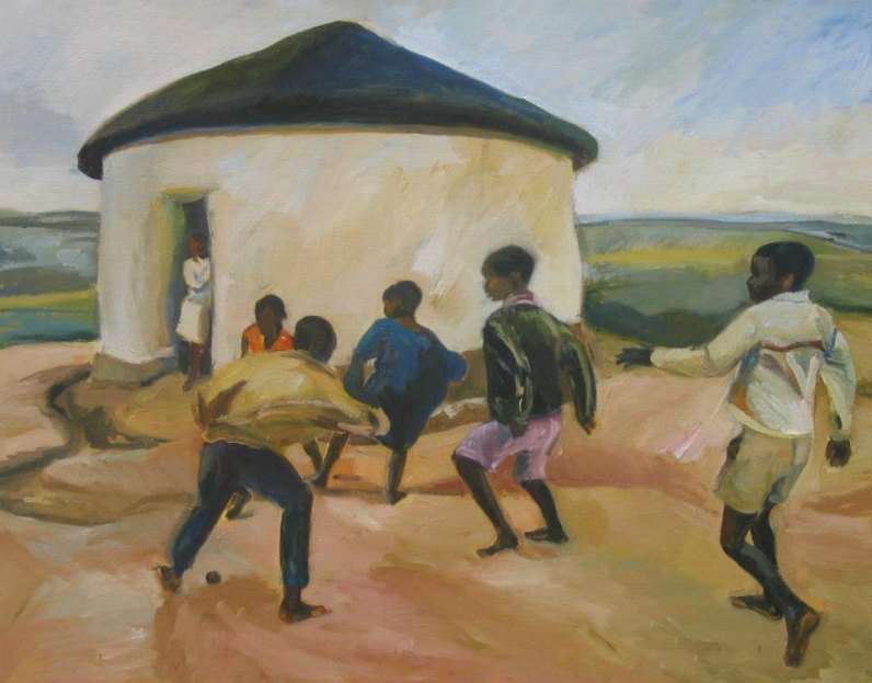 Balspel, schilderij in olieverf op doek van Margreeth Leopold (100 x 80 cm, 2015)