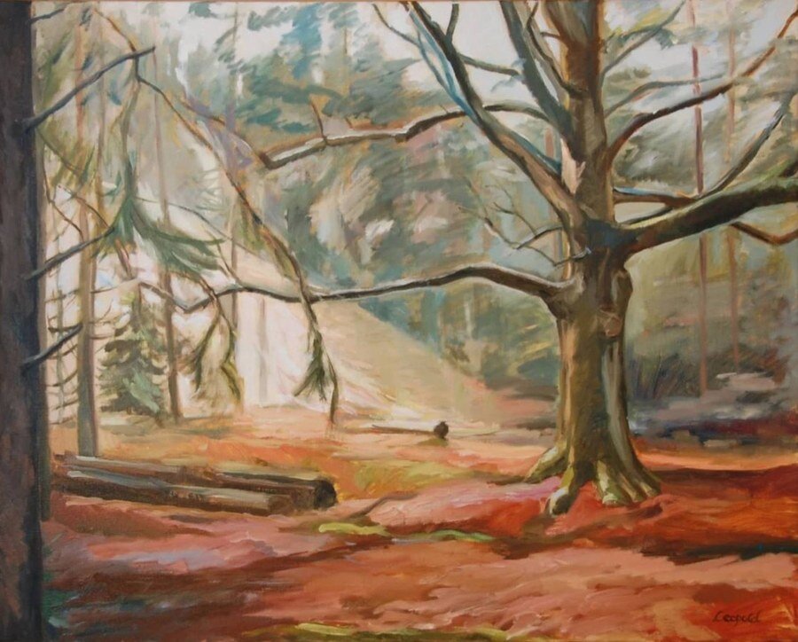 Bos, schilderij in olieverf op doek van Margreeth Leopold (80 x 100 cm, 2004)