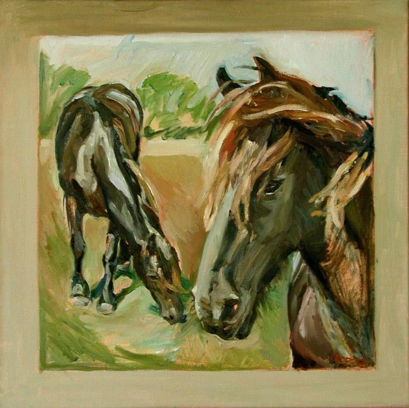 Grazende paarden, schilderij in olieverf op doek van Margreeth Leopold (60 x 60 cm, 2013)