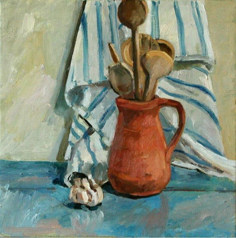 Keukengerei, schilderij in olieverf op doek van Margreeth Leopold (40 x 40 cm, 2014)