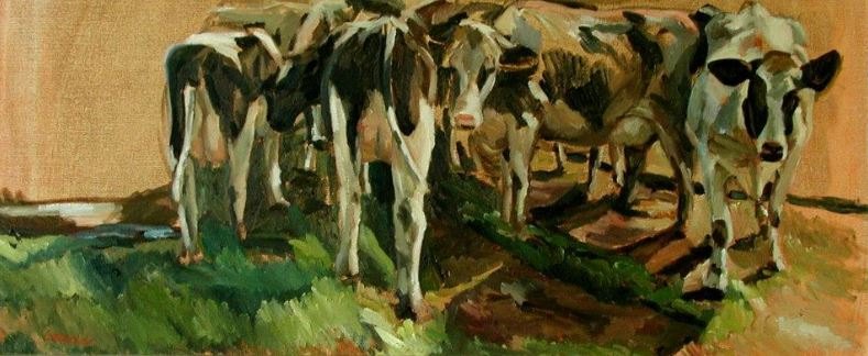 Koeien, schilderij in olieverf op doek van Margreeth Leopold (50 x 100 cm, 2015)
