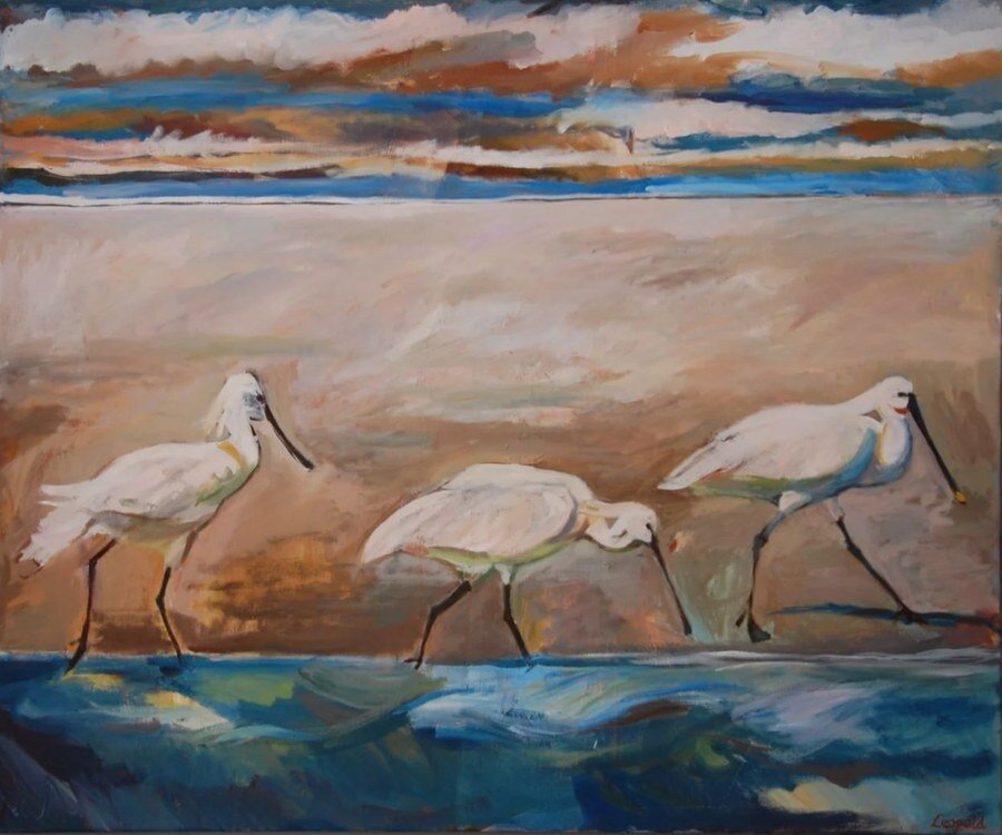 Lepelaars, schilderij in olieverf op doek van Margreeth Leopold (100 x 120 cm, 2012)
