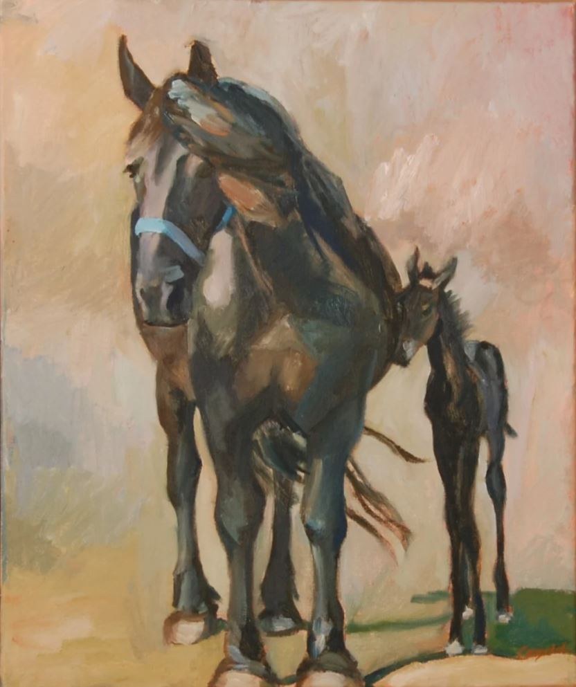 Merrie met veulen, schilderij in olieverf op doek van Margreeth Leopold (60 x 50 cm, 2012)