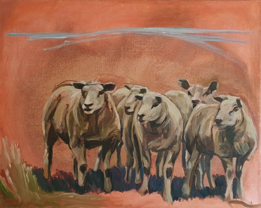 Schapen, schilderij in olieverf op doek van Margreeth Leopold (80 x 100 cm, 2010)