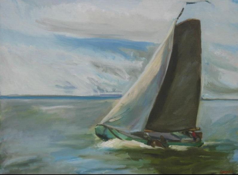Zeilend skûtsje, schilderij in olieverf op doek van Margreeth Leopold (60 x 80 cm, 2010)
