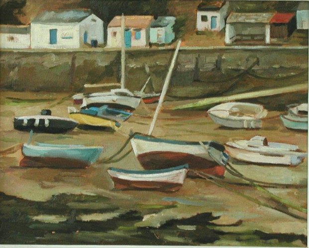 Stilgevallen schepen, schilderij in olieverf op doek van Margreeth Leopold (40 x 50 cm, 2010)