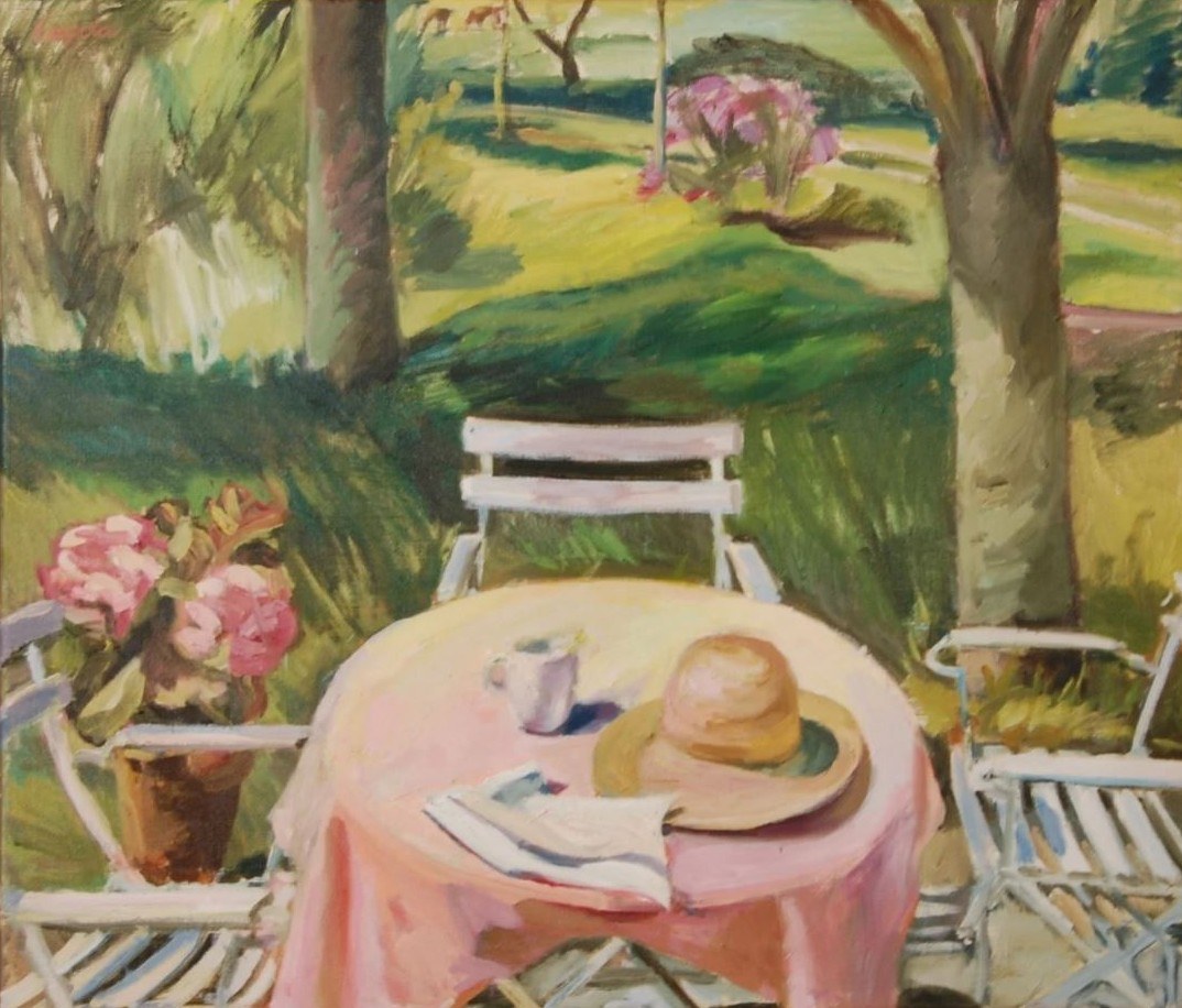 Terras, schilderij in olieverf op doek van Margreeth Leopold (80 x 100 cm, 2000)