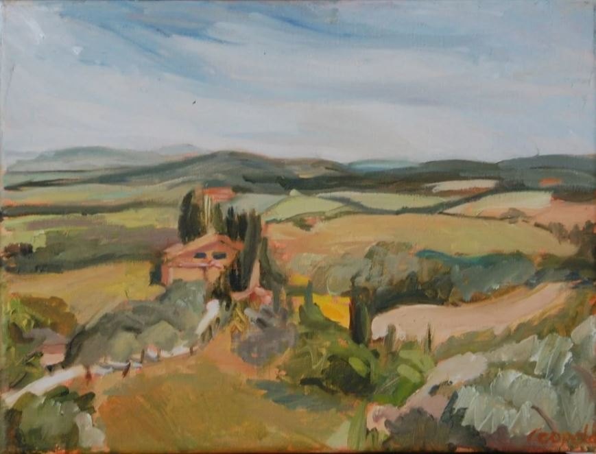 Toscaans landschap, schilderij in olieverf op doek van Margreeth Leopold (30 x 40 cm, 2007)