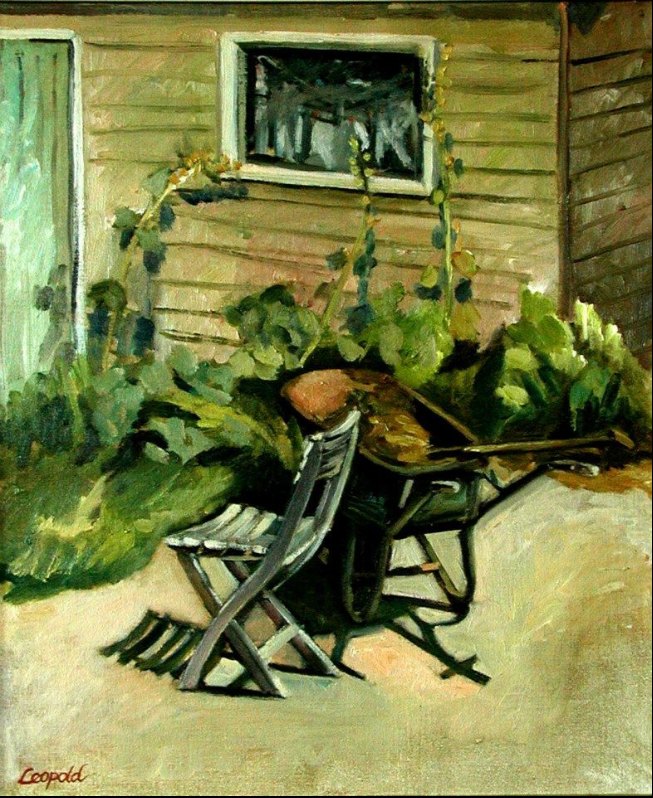 Tuinieren, schilderij in olieverf op doek van Margreeth Leopold (50 x 60 cm, 2015)