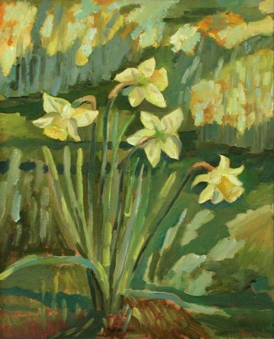 Narcissen, schilderij in olieverf op doek van Margreeth Leopold (34 x 25 cm, 2000)
