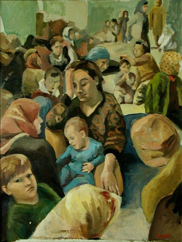Vluchtelingen, schilderij in olieverf op doek van Margreeth Leopold (100 x 80 cm, 1995)