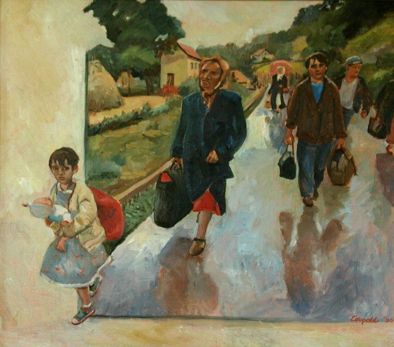 Vluchtend uit Srebrenica, schilderij in olieverf op doek van Margreeth Leopold (80 x 70 cm, 1995)