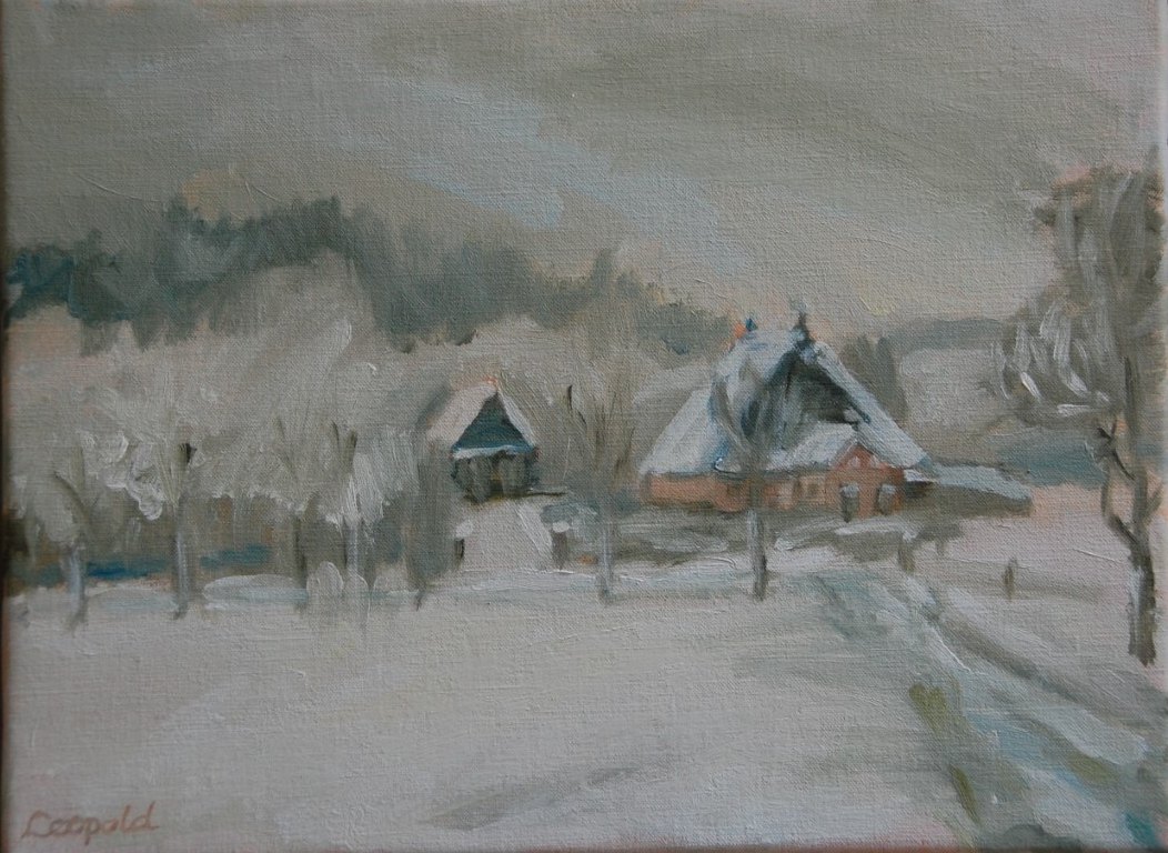 Winterlandschap, schilderij in olieverf op doek van Margreeth Leopold (30 x 40 cm, 2010)