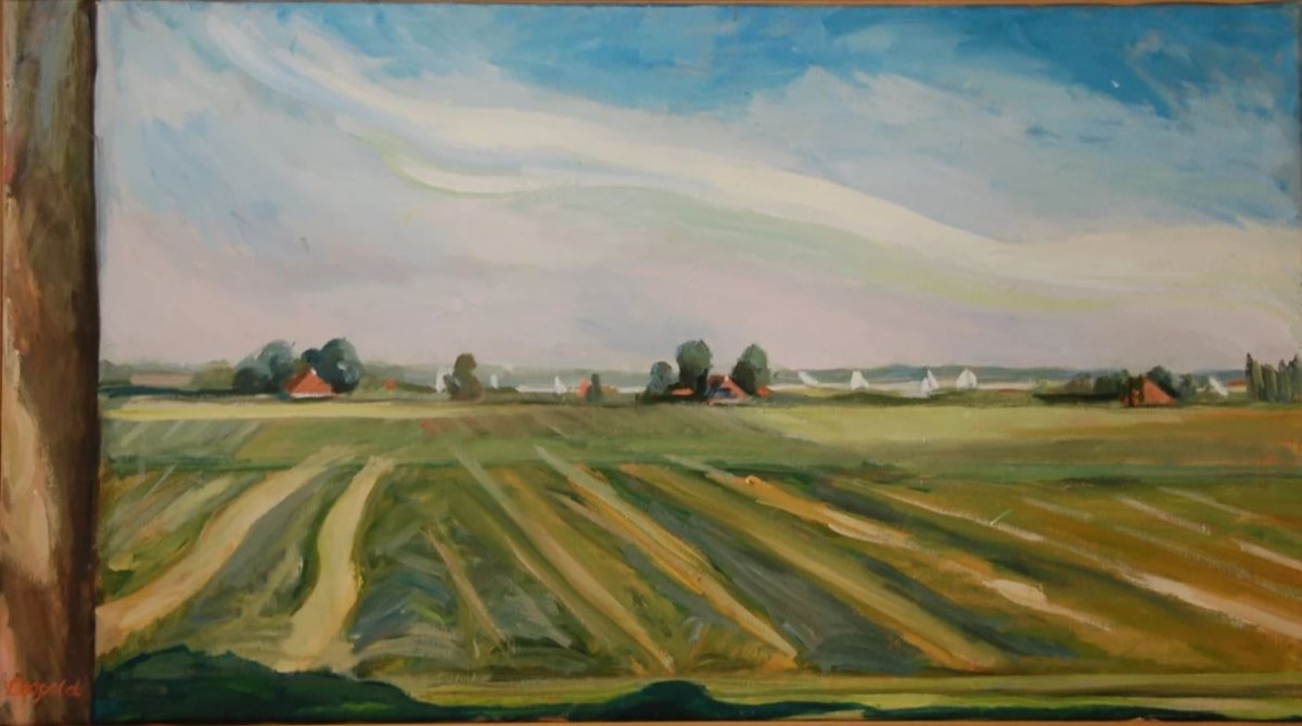 Zomerlandschap Friesland, schilderij in olieverf op doek van Margreeth Leopold (55 x 80 cm, 2000)