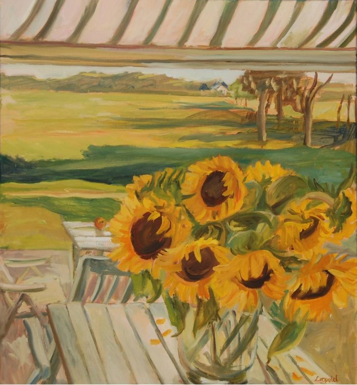 Zonnebloemen, schilderij in olieverf op doek van Margreeth Leopold (80 x 74 cm, 2015)